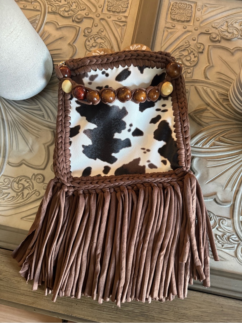 Bonita Bolso Brown Fringe Cowhide Accent Bag with Beaded Handle by Yvonne